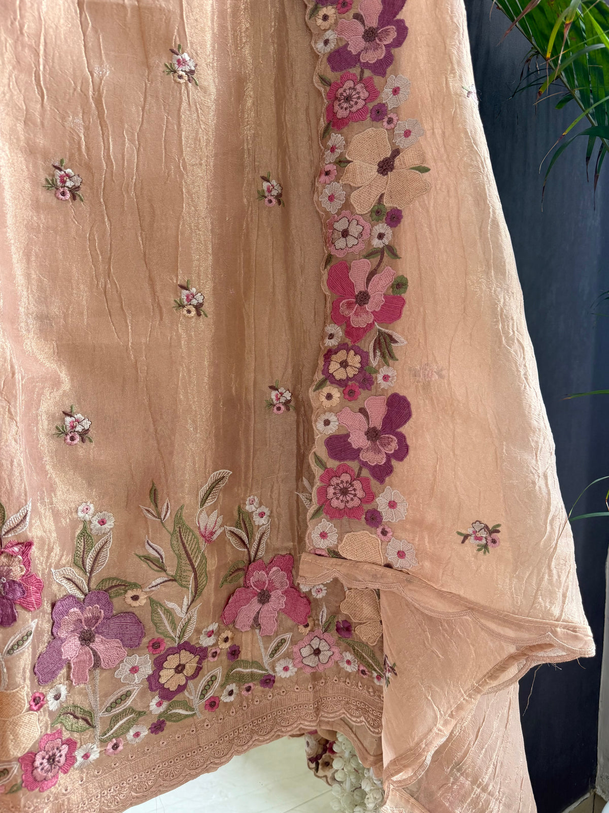 Luxurious Mul chanderi appliqué work floral suit