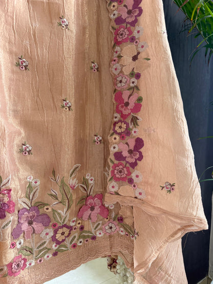 Luxurious Mul chanderi appliqué work floral suit