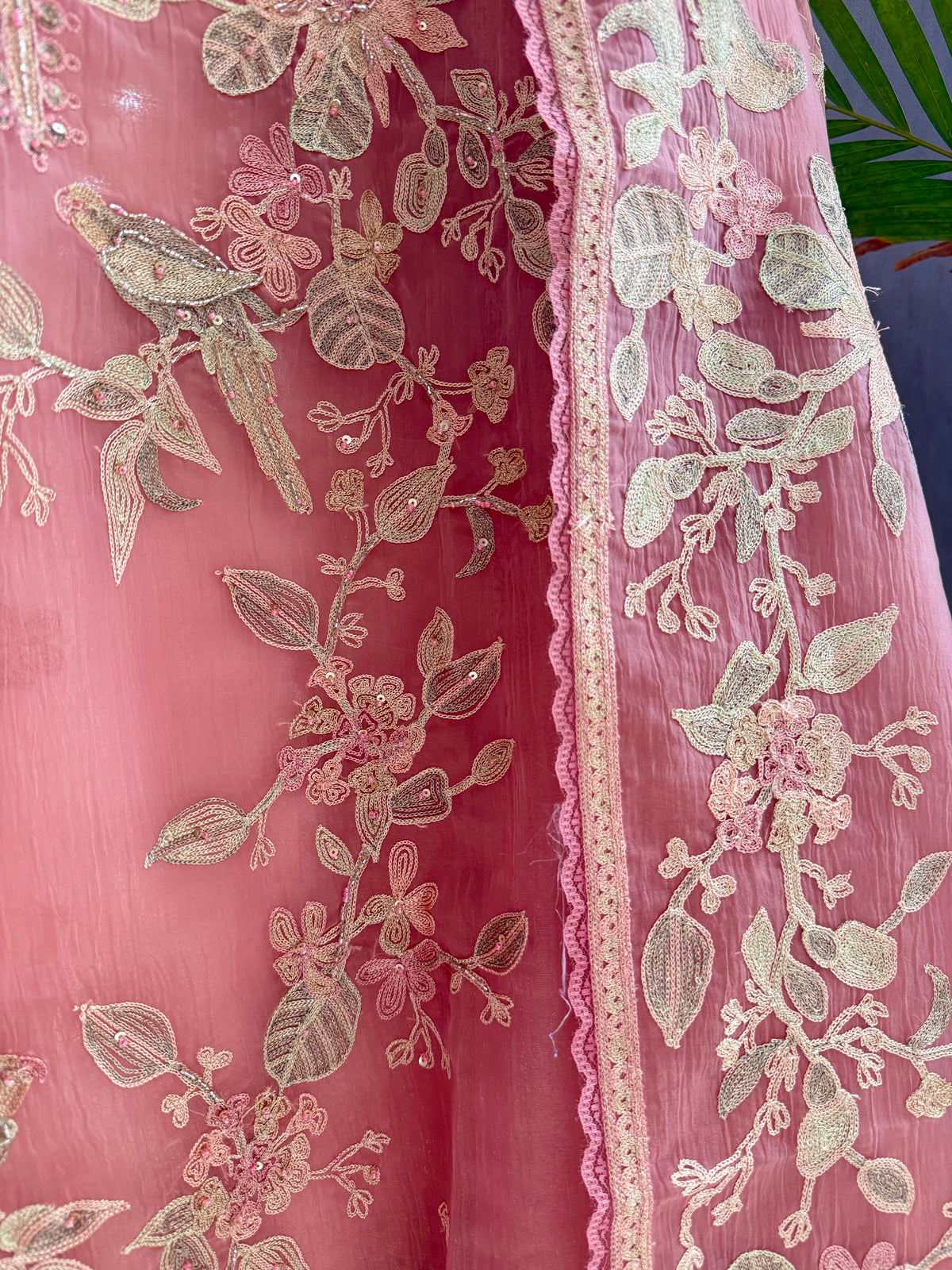 Crush tissue handwork birds and florals suit