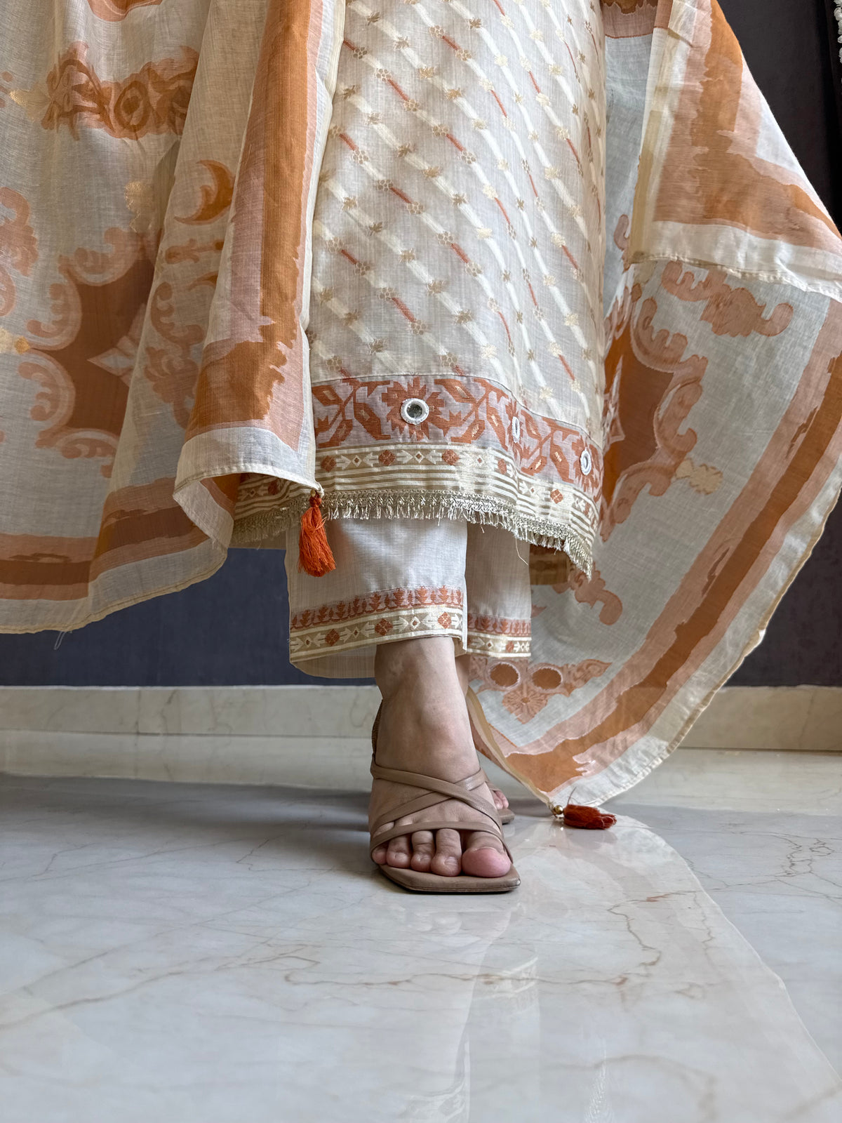 Chanderi Jamdani mirror handwork suit