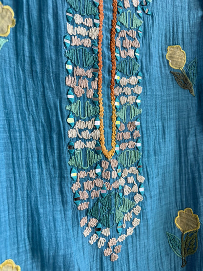 Luxurious Mul chanderi appliqué mirror work suit