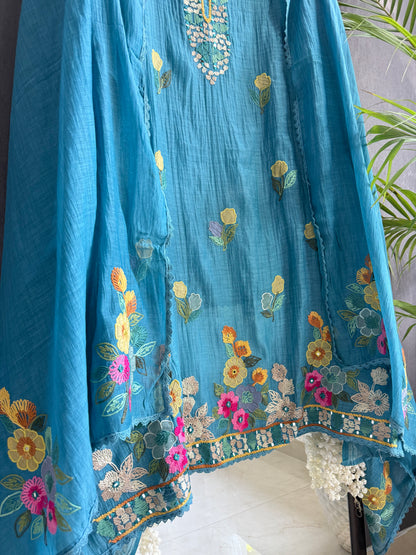 Luxurious Mul chanderi appliqué mirror work suit