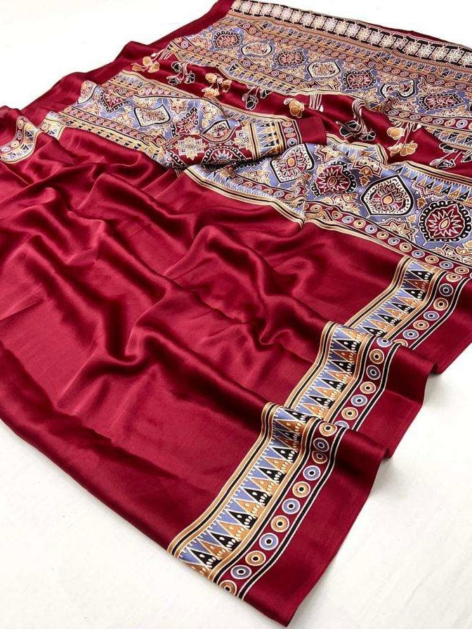 Satin crepe Ajrakh printed saree
