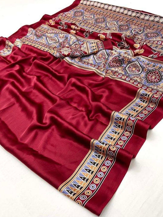 Satin crepe Ajrakh printed saree