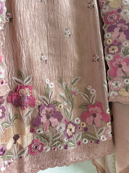Luxurious Mul chanderi appliqué work floral suit