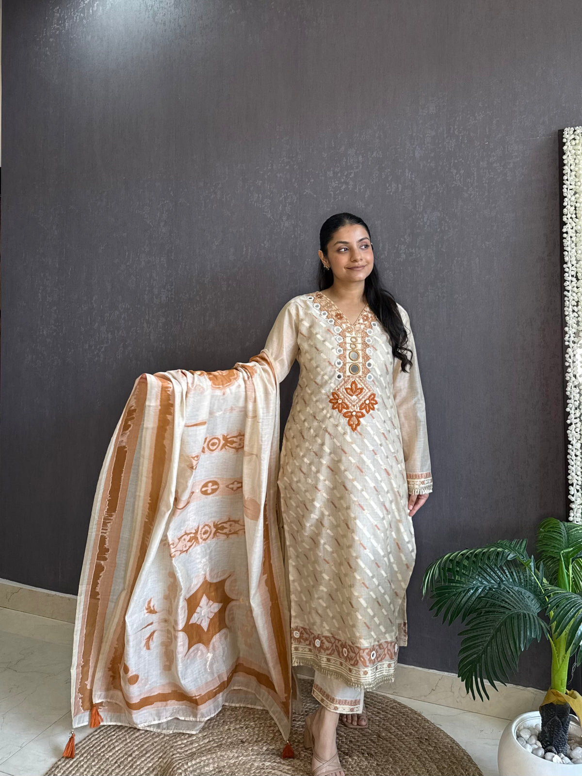 Chanderi Jamdani mirror handwork suit