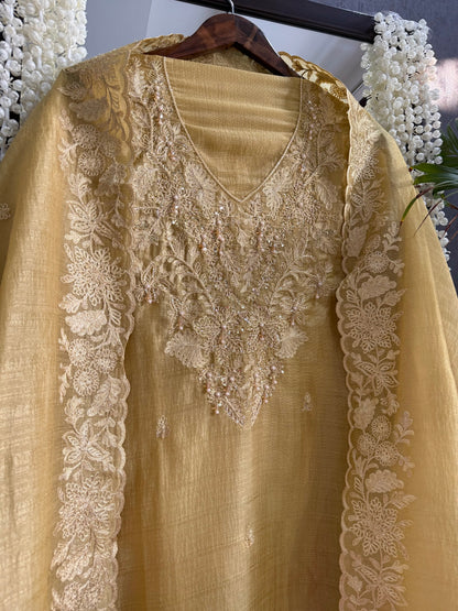 Tussar tissue handwork aari suit