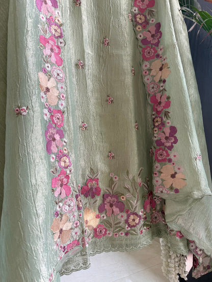 Luxurious Mul chanderi appliqué work floral suit