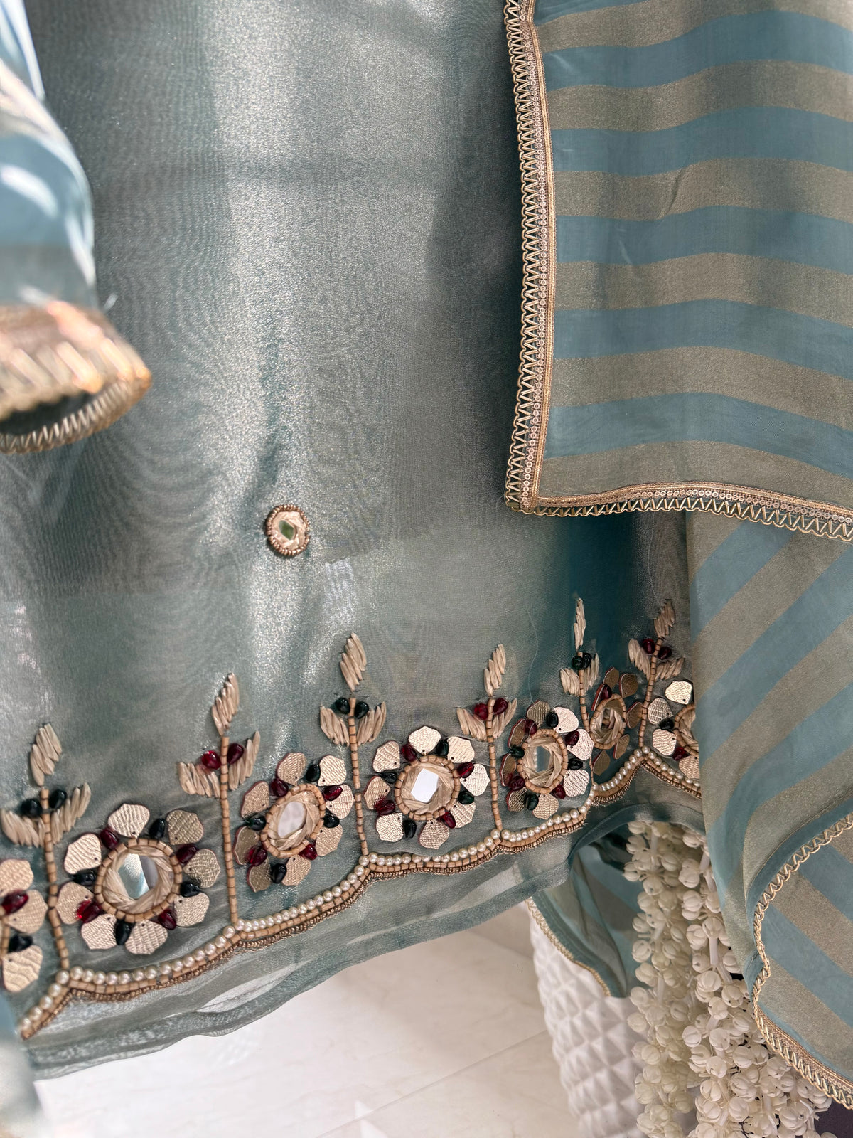 Luxurious leather patti bejewelled suit