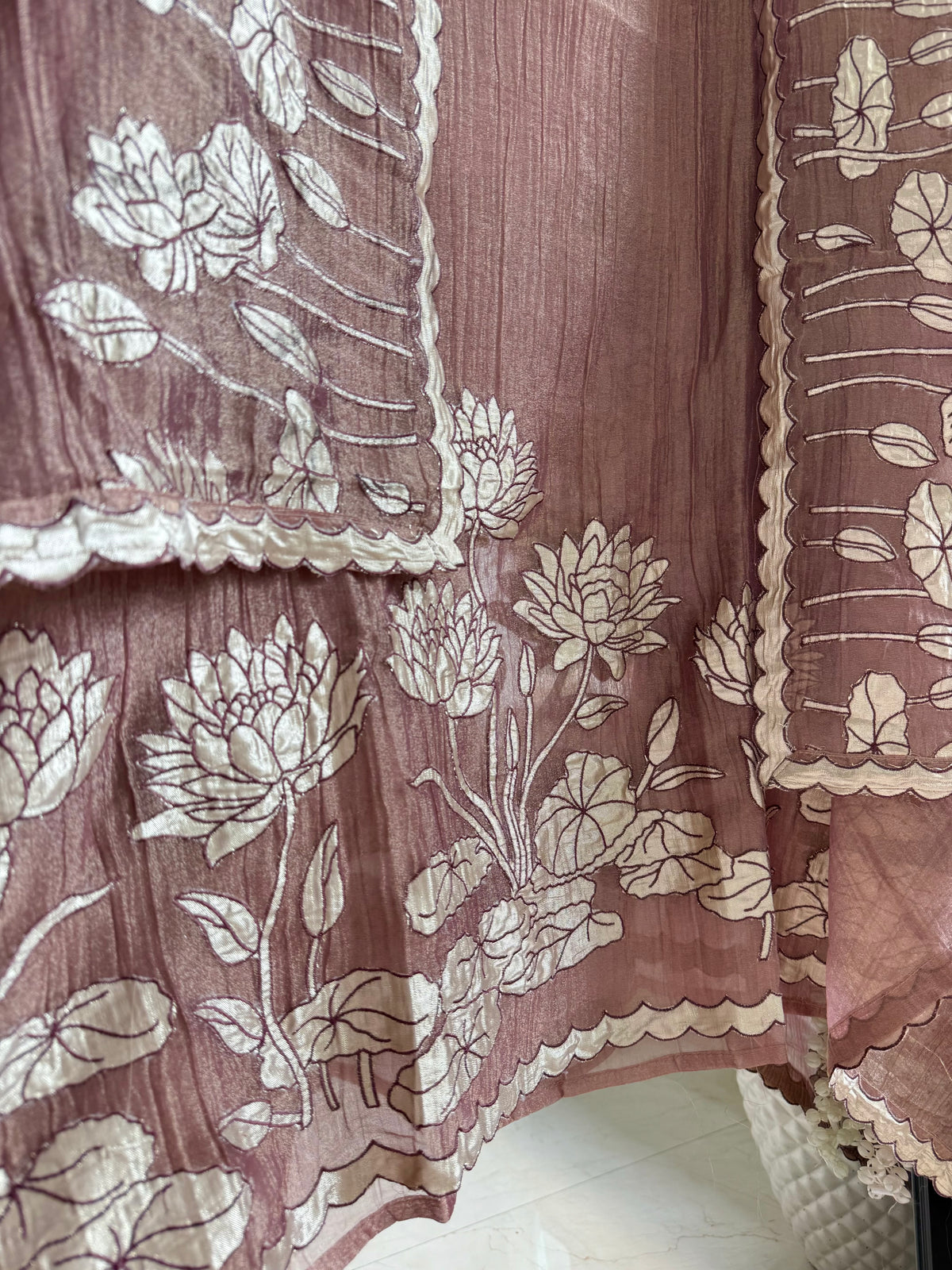 Luxurious crush tissue gota appliqué lotus suit