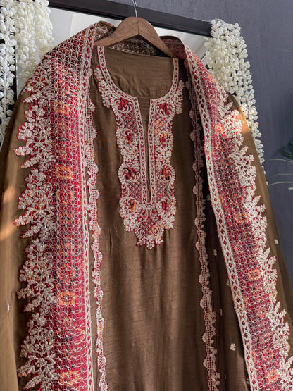 Luxurious raw silk aari work suit