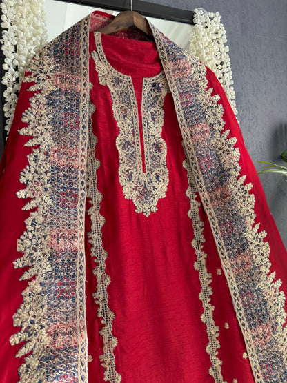 Luxurious raw silk aari work suit
