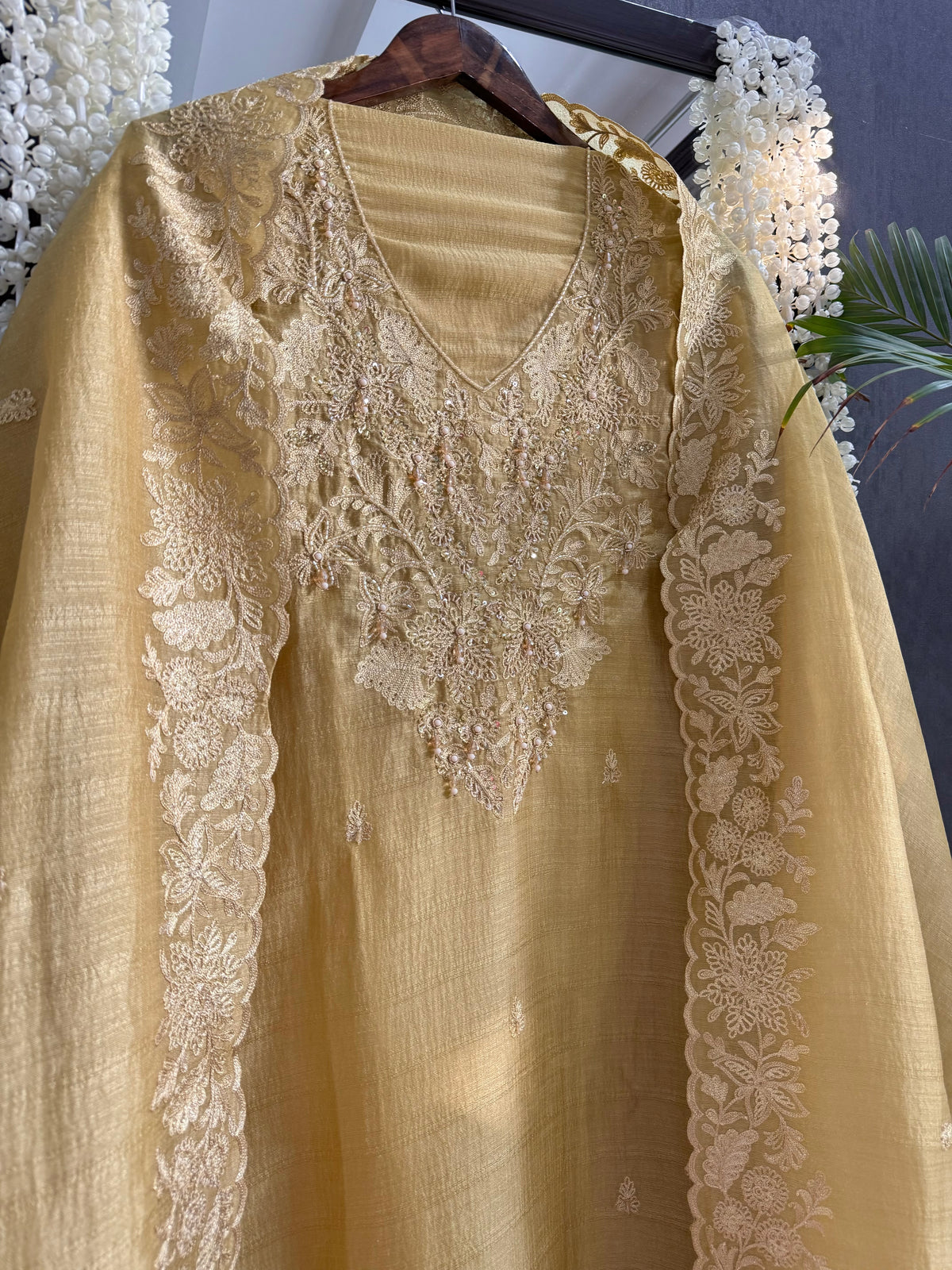 Tussar tissue handwork aari suit