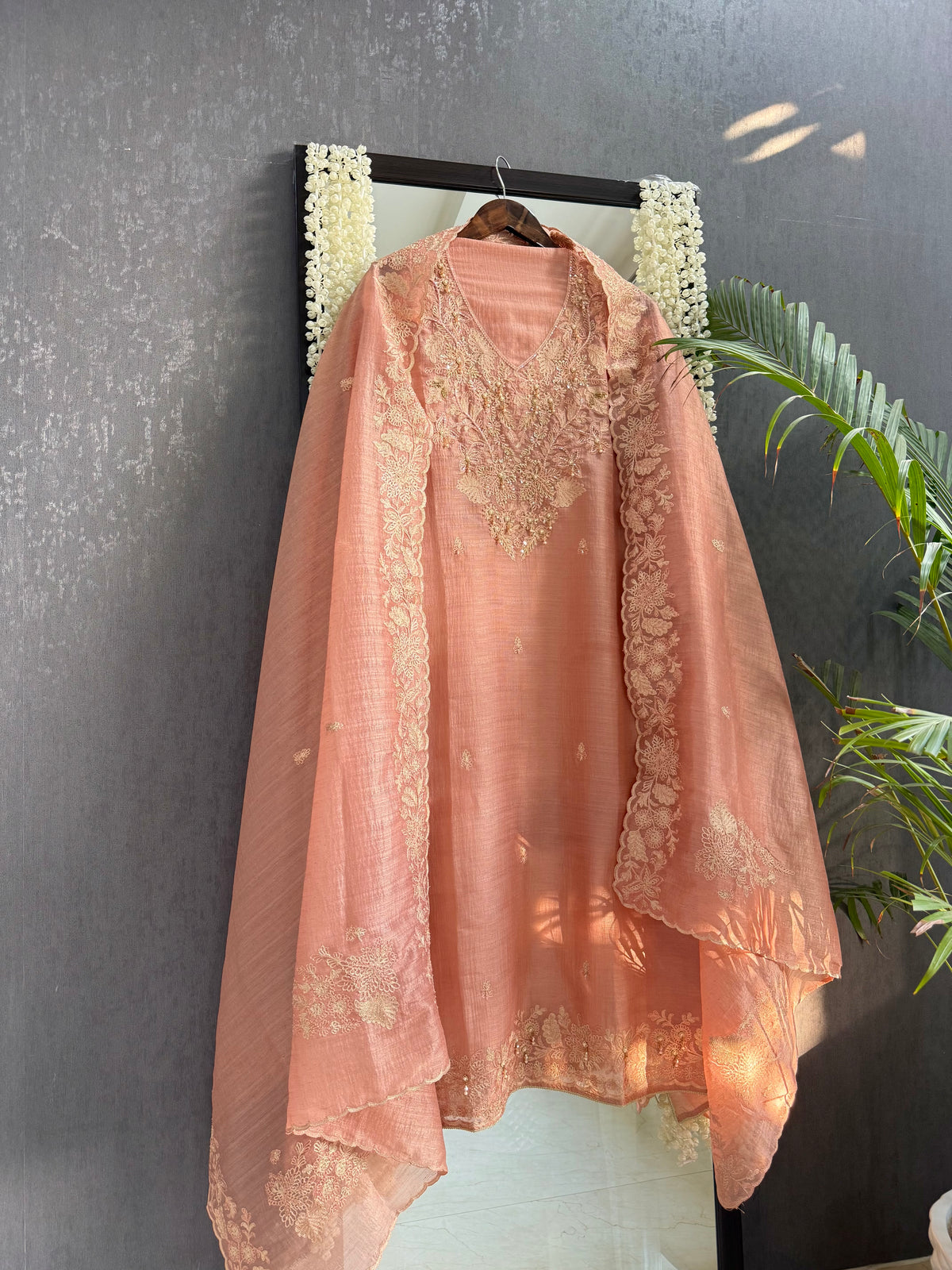 Tussar tissue handwork aari suit