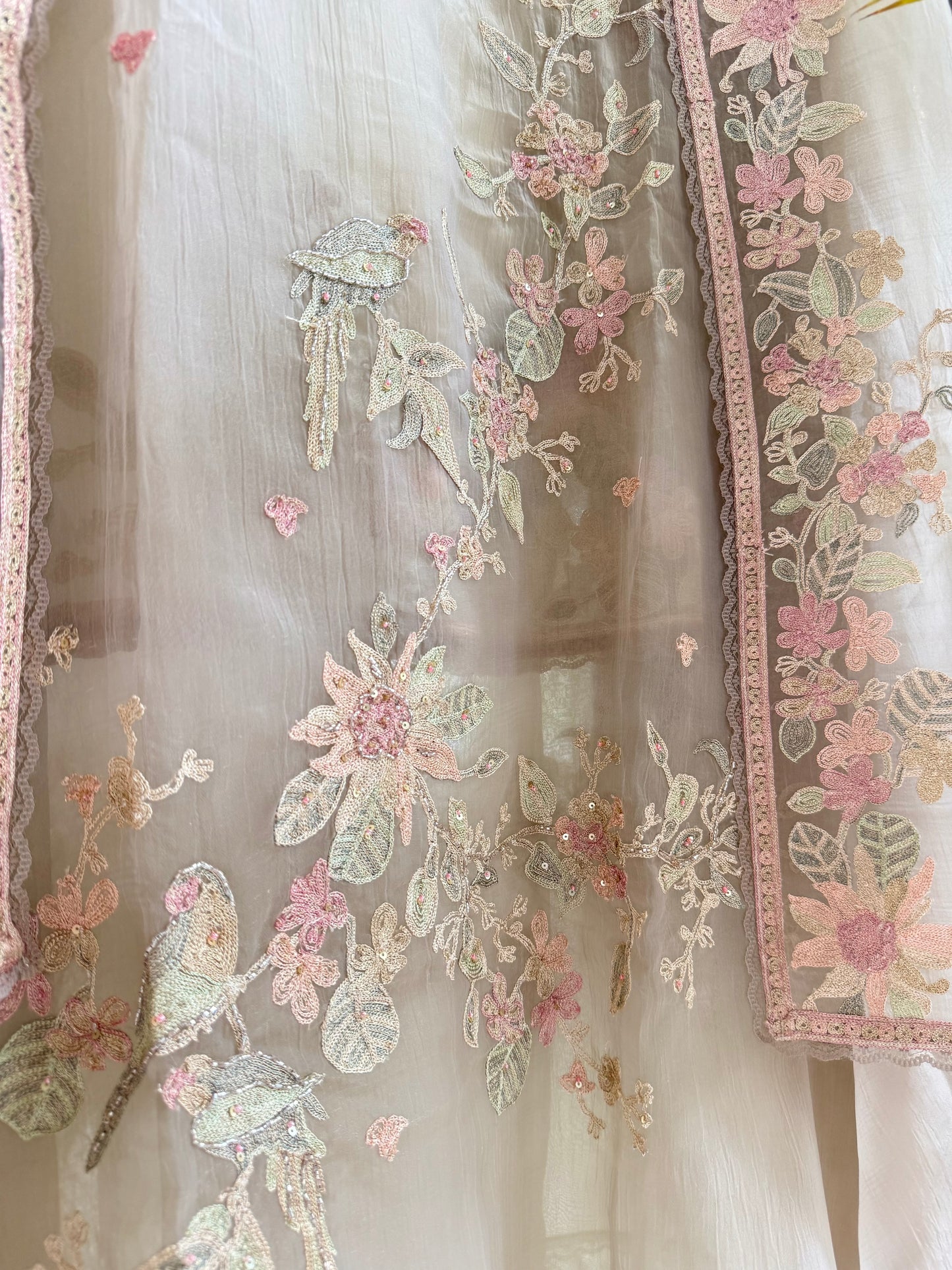 Crush tissue handwork birds and florals suit