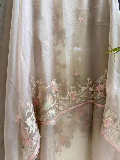 Crush tissue handwork birds and florals suit
