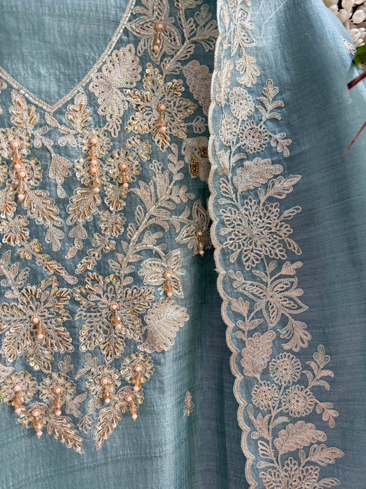 Tussar tissue handwork aari  suit