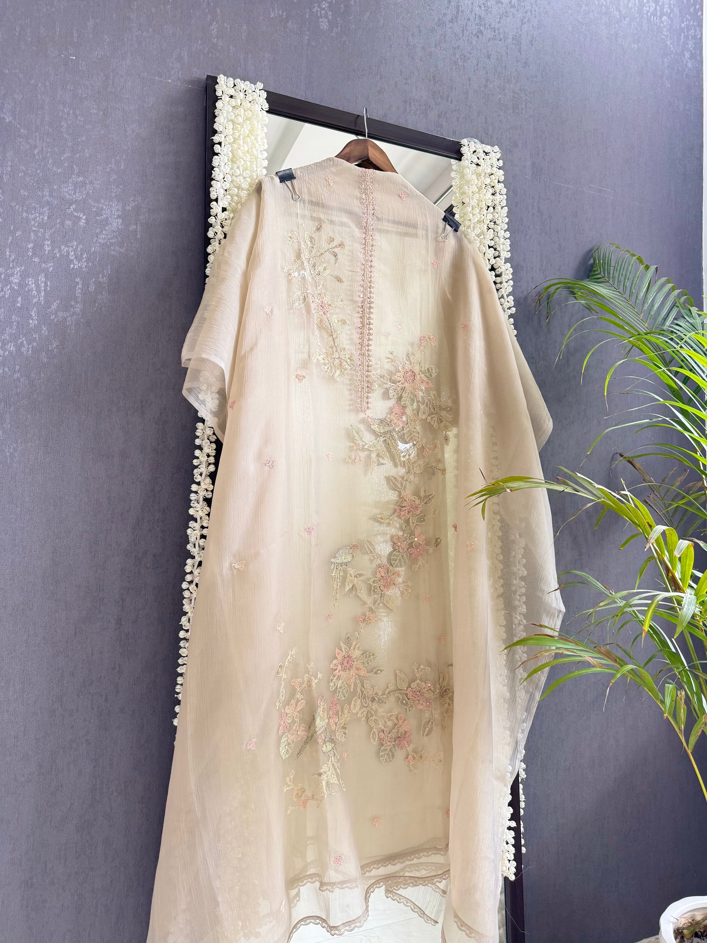 Crush tissue handwork birds and florals suit