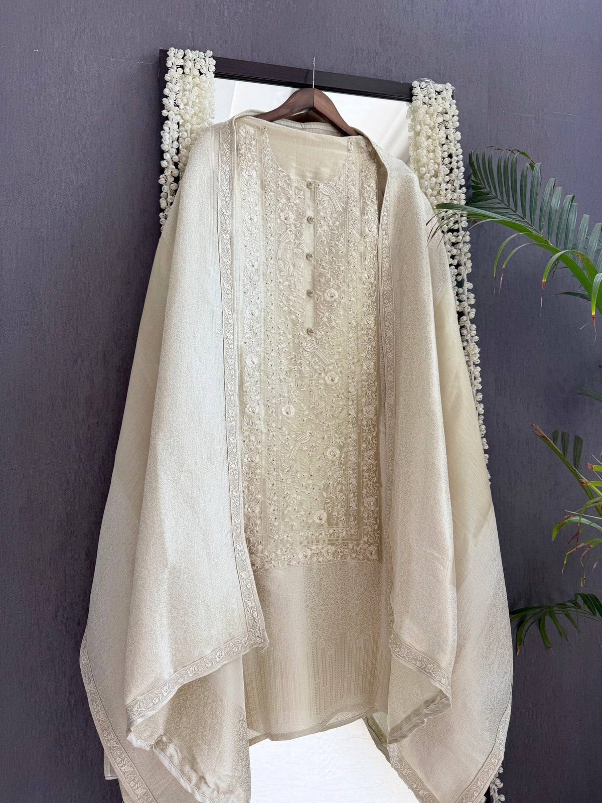 Luxurious Tissue brocade Parsi embroidered suit
