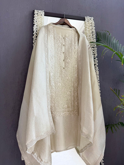 Luxurious Tissue brocade Parsi embroidered suit