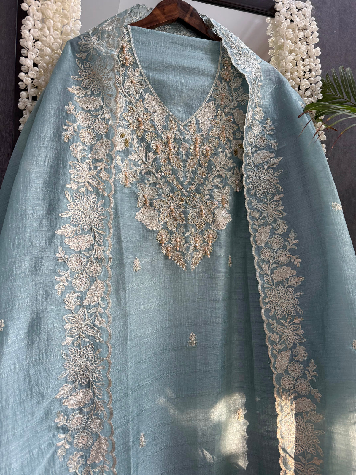Tussar tissue handwork aari  suit
