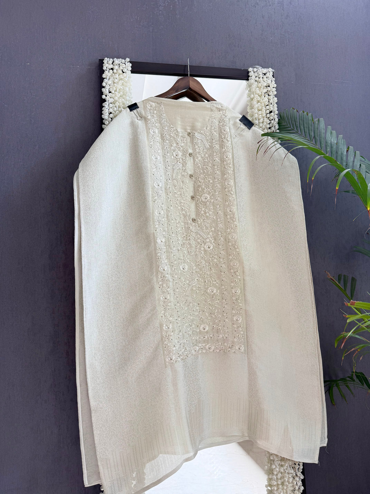 Luxurious Tissue brocade Parsi embroidered suit