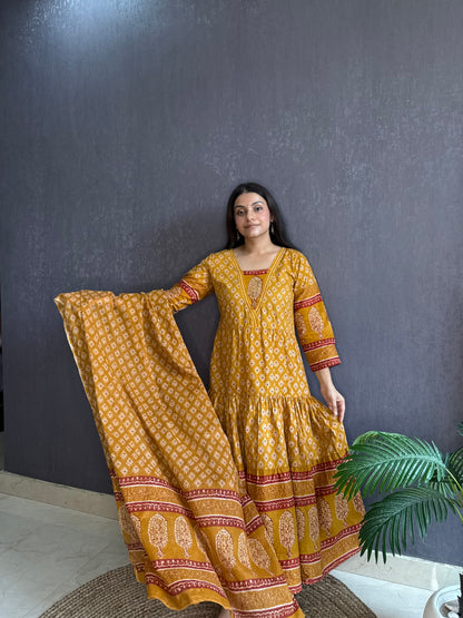 Pure cotton blockprinted tiered Anarkali