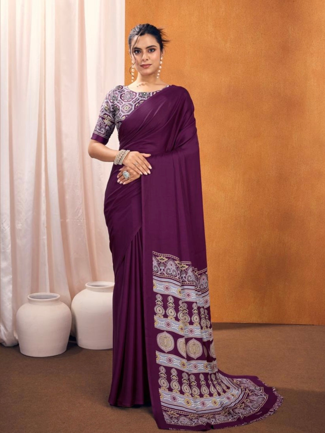 Satin crepe Ajrakh printed saree