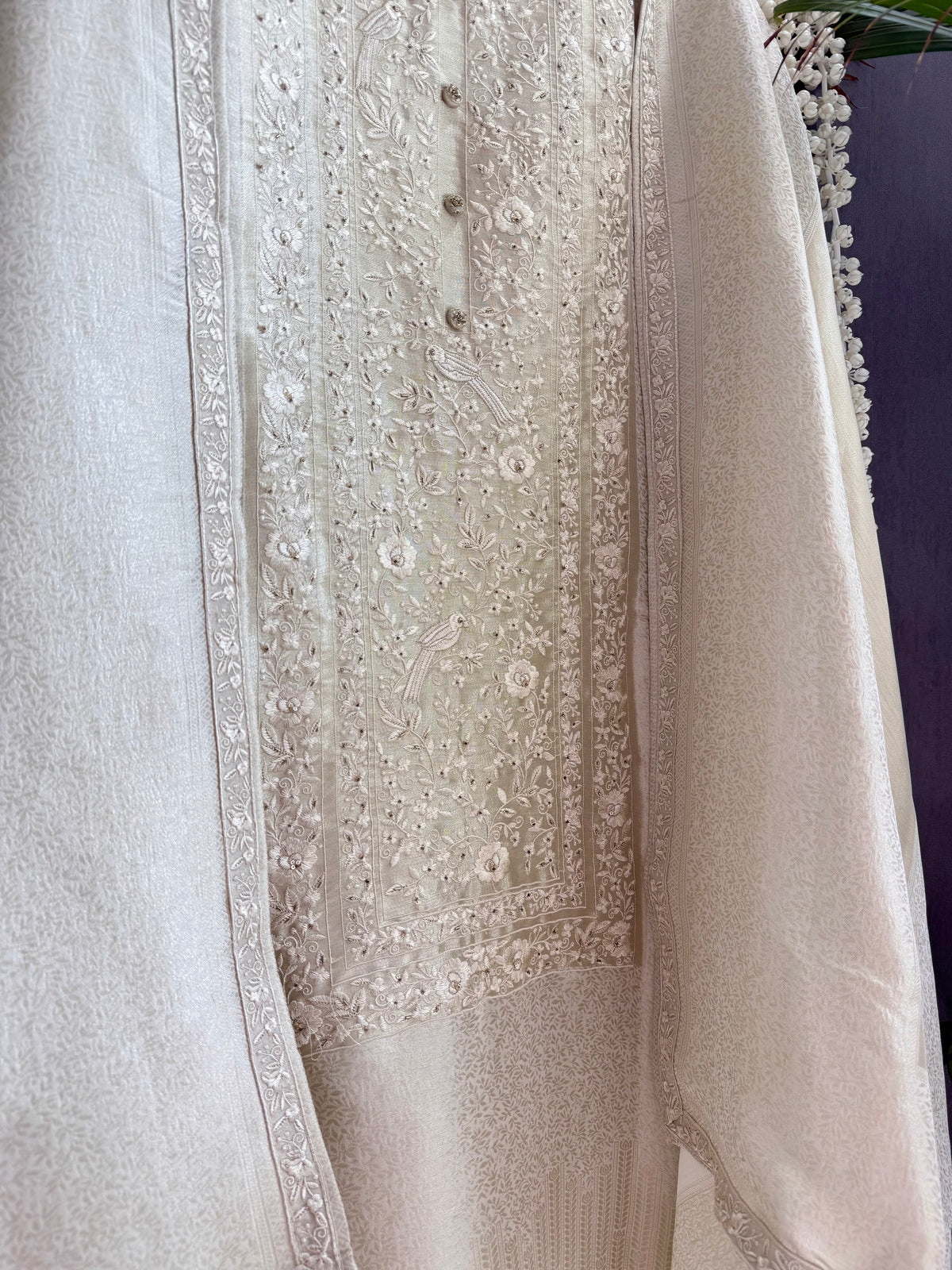 Luxurious Tissue brocade Parsi embroidered suit