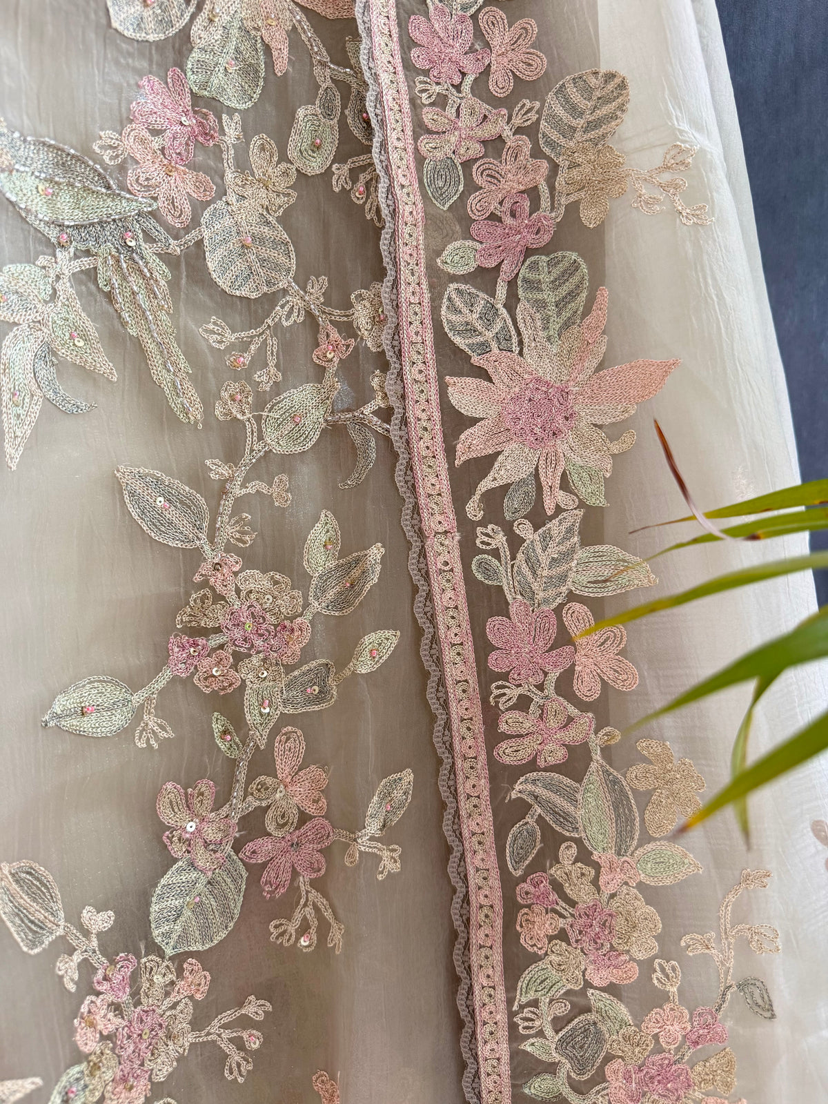 Crush tissue handwork birds and florals suit