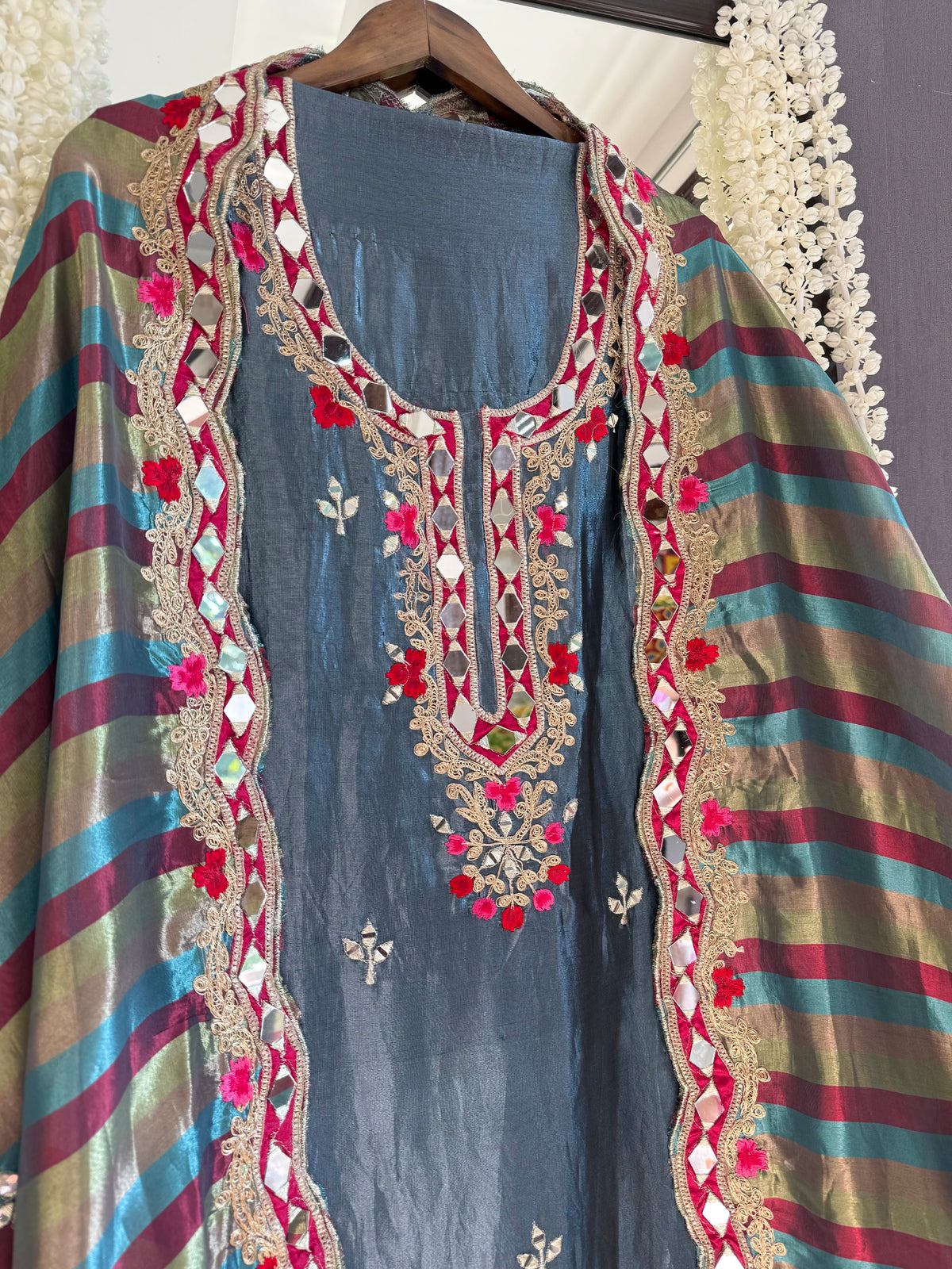 Luxurious mettalic Mirrorwork suit