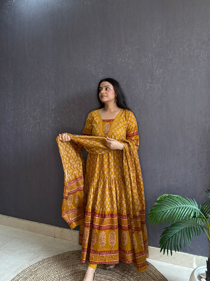 Pure cotton blockprinted tiered Anarkali
