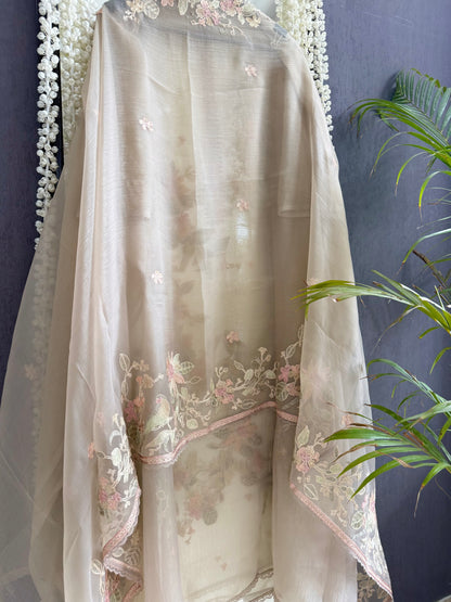 Crush tissue handwork birds and florals suit
