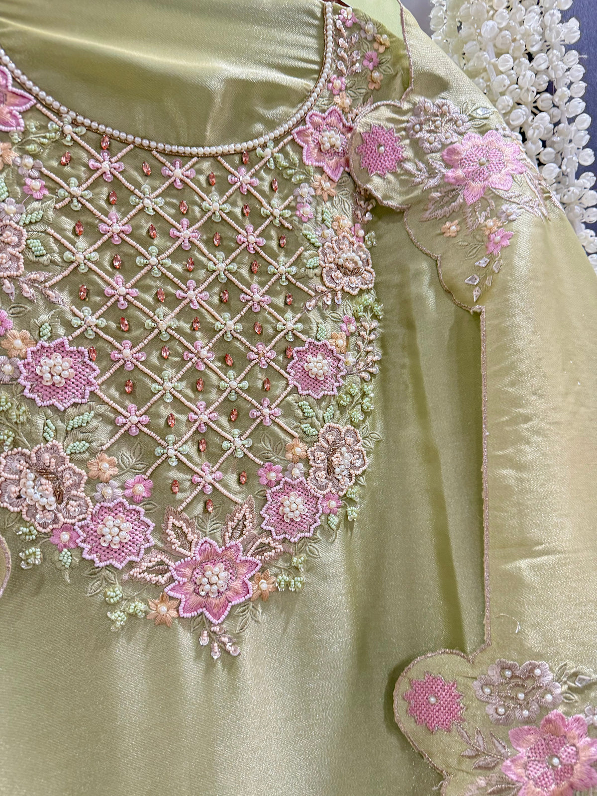 Luxurious Tissue Parsi handwork suit